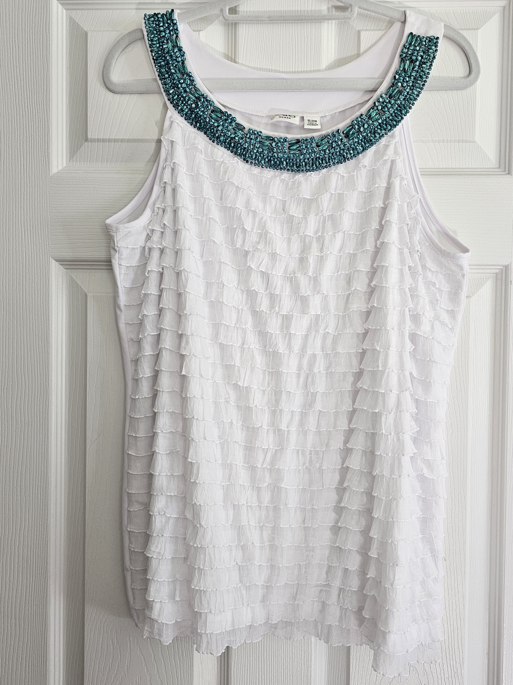 Womens Cato White Sleeveless Top with Teal Beaded Trim